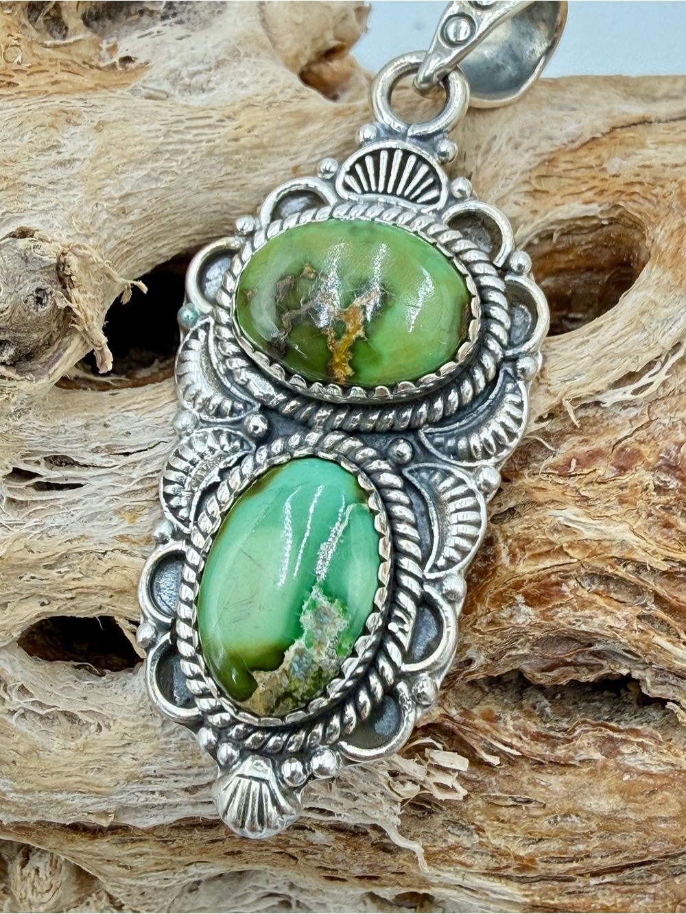 Sterling Silver Double Green Turquoise Southwestern Pendant 2.5” Native American - Picture 3 of 15